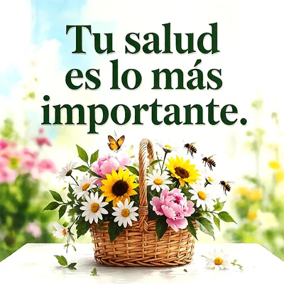 Cesta de mimbre con flores variadas, margaritas, girasoles y abejas volando sobre fondo luminoso con mensaje de ánimo en letras verdes.