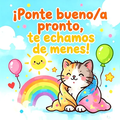 Gatito tierno envuelto en manta junto a un arcoíris, sol sonriente, globos de colores y mensaje de apoyo en letras naranjas.