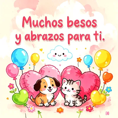 Cachorro y gatito tiernos rodeados de globos de colores y corazones inflables rosados, con mensaje de cariño en letras rojas.