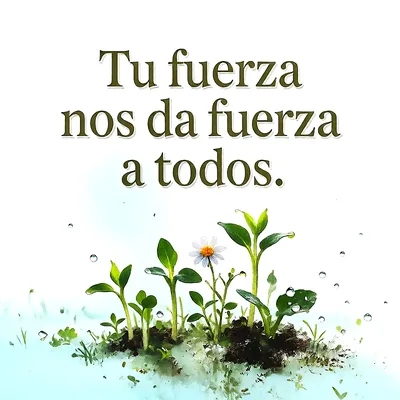 Fondo blanco y claro con brotes verdes brotando de la tierra, gotas de agua y una pequeña margarita, mensaje de fortaleza en letras verdes.