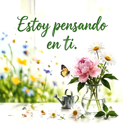 Florero de cristal con peonía rosa, margaritas, mariposa y pequeña regadera con mensaje de aliento en letras verdes.