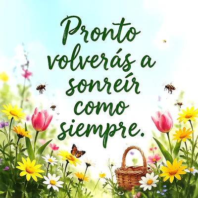 Prado con margaritas amarillas y blancas, tulipanes rosados, abejas, mariposa y cesta de mimbre con mensaje de ánimo en letras verdes.