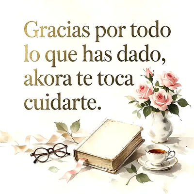 Libro abierto junto a una taza de té, gafas y un jarrón con rosas rosas sobre fondo blanco, mensaje de ánimo en letras doradas elegantes.