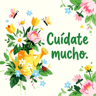 Regadera amarilla con flores coloridas, margaritas, mariposas y mariquita sobre fondo claro con mensaje de ánimo en letras verdes.
