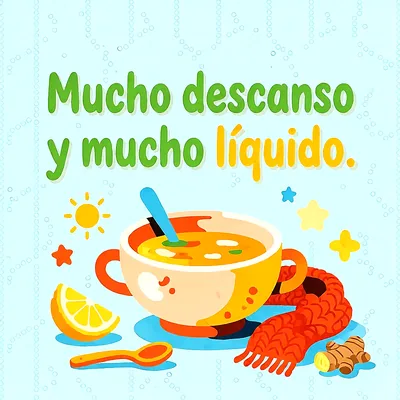 Tazón de sopa caliente con cuchara, bufanda roja, rodaja de limón y jengibre sobre fondo celeste, mensaje de mejoría en letras verdes y amarillas.