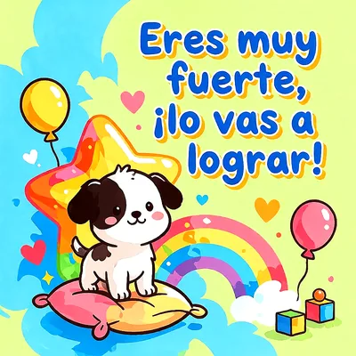 Perrito tierno sobre un cojín con arcoíris, globos de colores, corazones y mensaje de aliento en letras azules.