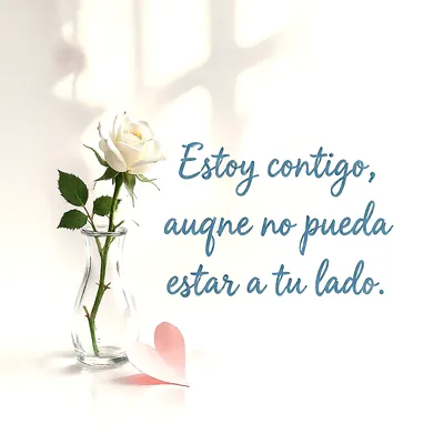 Una rosa blanca solitaria en un florero de cristal transparente junto a un pequeño corazón de papel rosa sobre fondo blanco con un mensaje de aliento escrito.