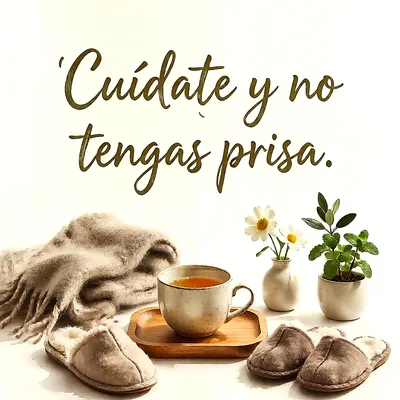 Taza de té caliente junto a mantas suaves y zapatillas cómodas con plantas en un ambiente tranquilo, mensaje de aliento en letras de color marrón oscuro.