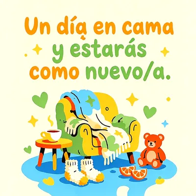 Sillón cómodo con manta, taza caliente, oso de peluche, calcetines y rodajas de naranja, con mensaje de ánimo en letras naranjas y verdes.