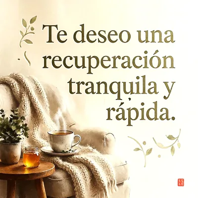 Sillón cómodo con manta beige, taza de infusión humeante, miel, planta verde y mensaje de ánimo en letras doradas.