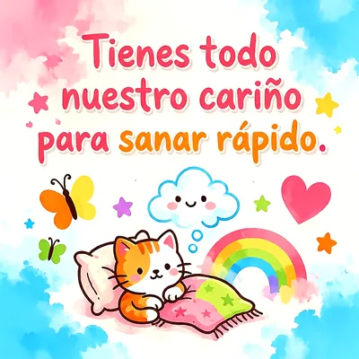 Gatito tierno descansando en una almohada con manta, arcoíris, mariposa, nube sonriente y mensaje de cariño en letras rojas y naranjas.