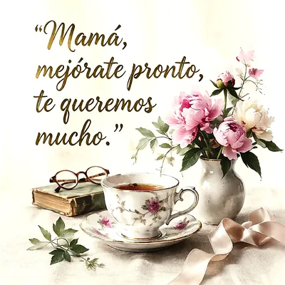Taza de té de porcelana con flores rosas en florero, libro antiguo y gafas, con mensaje de ánimo en letras doradas.