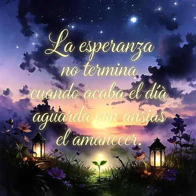 Cielo nocturno estrellado sobre atardecer con faroles encendidos, flores moradas y un pequeño brote de planta, con texto religioso de esperanza.
