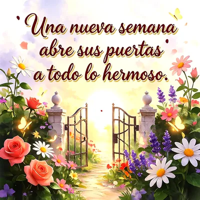 Puerta de jardín abierta hacia un amanecer luminoso con flores de colores, mariposas amarillas y un mensaje de esperanza en letras oscuras y blancas.