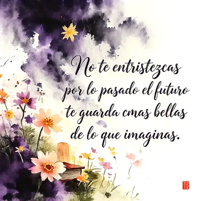 Imagen con flores pintadas en acuarela tonos morados y rosas, sobre fondo blanco, con el texto escrito No te entristezcas por lo pasado el futuro te guarda cosas bellas de lo que imaginas.