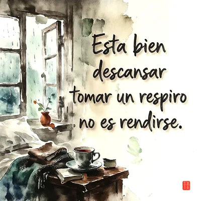 Ilustración en acuarela de una ventana con lluvia, cama con mantas, mesa de madera con taza de café caliente y libro, junto a una frase reflexiva.