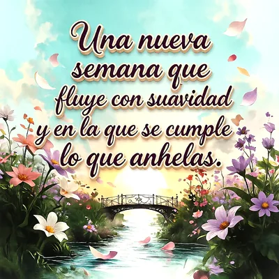 Paisaje natural con puente sobre un río, flores lilas y rosas en las orillas y mensaje de esperanza en letras blancas.
