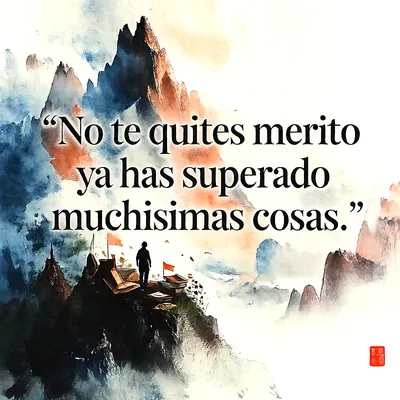 Ilustración en acuarela de una persona frente a grandes montañas con colores azules y naranjas, incluye el texto No te quites merito ya has superado muchisimas cosas.