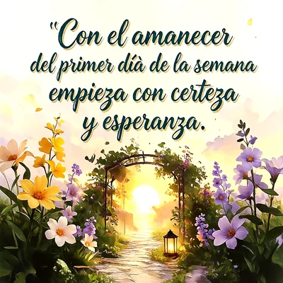 Paisaje de jardín iluminado por el sol del amanecer con un arco de plantas, flores amarillas y moradas, y un mensaje en letras oscuras.
