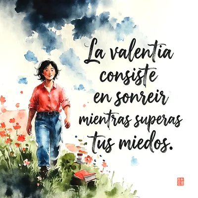 Ilustración en acuarela de una mujer sonriente con camisa roja caminando por el campo, con flores rojas y texto sobre la valentía.