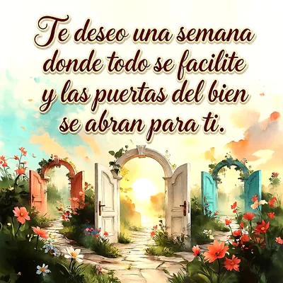 Paisaje con puertas abiertas en un campo florido durante el amanecer, colores cálidos y suaves, con un mensaje en letras blancas sobre el cielo.