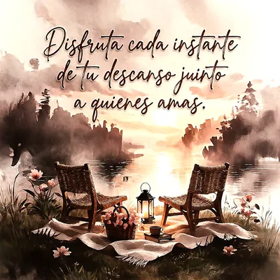 Dos sillas de mimbre frente a un lago al atardecer, cesta con flores y farol, con el texto Disfruta cada instante de tu descanso juinto a quienes amas.