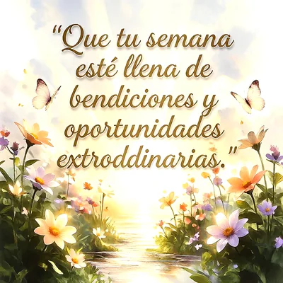 Paisaje iluminado con flores silvestres, mariposas volando y un mensaje en letras doradas sobre fondo brillante.