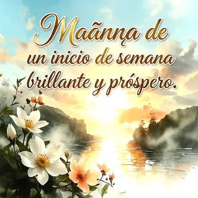 Paisaje de amanecer sobre un lago entre montañas con flores blancas en primer plano y un mensaje en letras blancas.