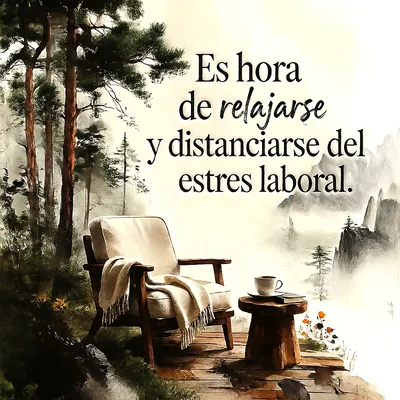Sillon de madera con manta junto a una mesa pequeña con taza de cafe en un bosque con niebla y texto sobre relajarse.