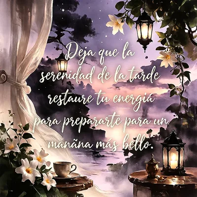 Atardecer morado visto desde una ventana con cortinas blancas, faroles encendidos, taza de café, flores blancas y texto sobre la serenidad de la tarde.