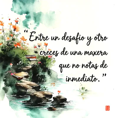 Ilustración en acuarela de un camino de piedra sobre un arroyo con libros y flores naranjas, junto al texto Entre un desafío y otro creces de una manera que no notas de inmediato.
