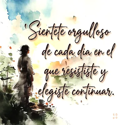Ilustración en estilo acuarela de una persona observando un paisaje al amanecer, con libros y una taza en el suelo, texto escrito sobre la imagen que invita a la reflexión.