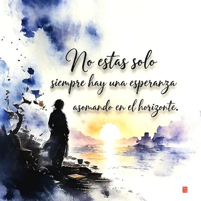 Persona de espaldas mirando un atardecer sobre el agua en estilo acuarela, colores azules y dorados, con el texto No estas solo siempre hay una esperanza asomando en el horizonte.