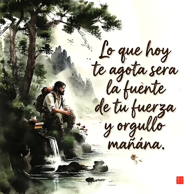 Hombre sentado junto a un riachuelo y pinos en la montaña descansando, con el texto Lo que hoy te agota sera la fuente de tu fuerza y orgullo mañana.