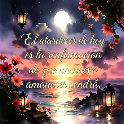 Paisaje marino con luna llena, atardecer brillante, faroles encendidos, taza de café, flores rojas y frase sobre un nuevo amanecer.