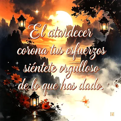 Paisaje de atardecer con montañas, faroles iluminados y flores rojas en primer plano, con el texto escrito El atardecer corona tus esfuerzos siéntete orgulloso de lo que has dado.