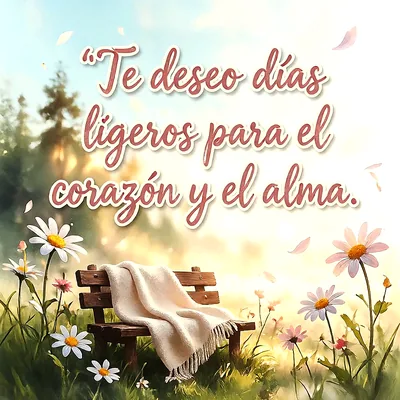 Banco de madera en el campo con una manta blanca, rodeado de margaritas bajo la luz del sol, con un mensaje en letras blancas.