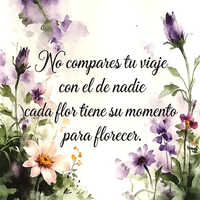 Imagen con flores en tonos morados y rosas estilo acuarela, hojas verdes, fondo blanco limpio, texto en el centro que dice No compares tu viaje con el de nadie cada flor tiene su momento para florecer.