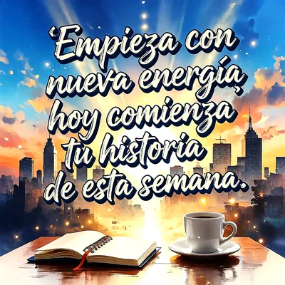 Una taza de café y una libreta abierta sobre una mesa de madera con fondo de ciudad al amanecer y un mensaje en letras blancas.