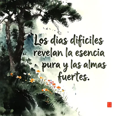 Pintura de estilo oriental con grandes árboles oscuros, pequeñas flores naranjas en la base y fondo claro con texto reflexivo.
