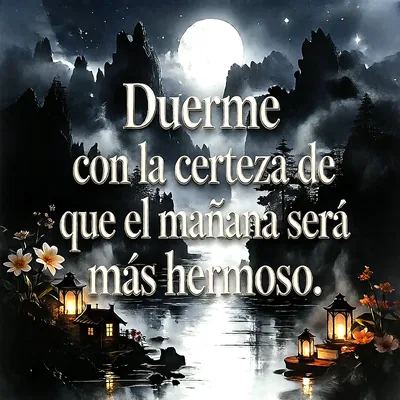 Paisaje nocturno con luna llena, montañas, agua tranquila, faroles encendidos y flores, texto que dice Duerme con la certeza de que el mañana será más hermoso.