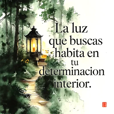 Ilustración acuarela de un camino en un bosque verde con un farol encendido iluminando el sendero. Incluye el texto La luz que buscas habita en tu determinacion interior.