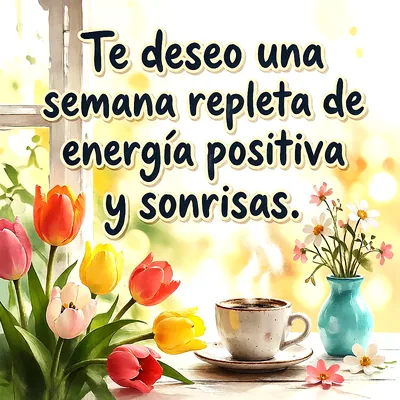 Tulipanes de colores, una taza de café humeante y flores en un florero junto a una ventana, con un mensaje en letras blancas.