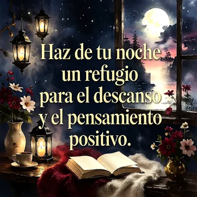 Habitación acogedora de noche con un libro abierto, taza de café, faroles encendidos, flores y ventana con luna llena, texto sobre el descanso.