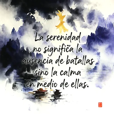 Ilustración artística con fondo de acuarela en tonos azules y morados que representa montañas y un lago, con el texto La serenidad no significa la ausencia de batallas sino la calma en medio de ellas.