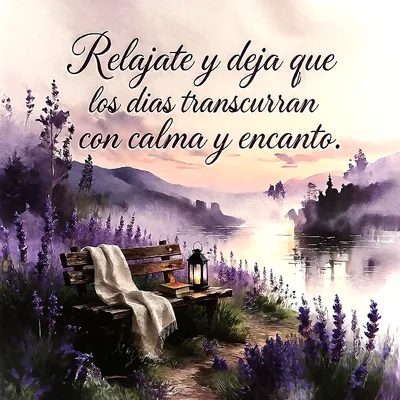 Banco de madera con manta, libro y farol junto a un lago rodeado de campos de lavanda morada al atardecer, texto que dice Relajate y deja que los dias transcurran con calma y encanto.