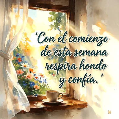 Ilustración de una ventana iluminada por el sol con una taza de café, cortinas blancas, flores coloridas al fondo y un mensaje en letras estilizadas.