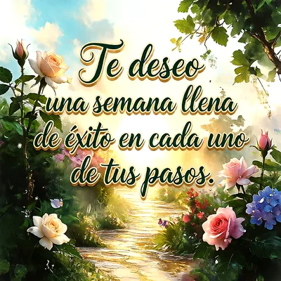 Camino de piedra iluminado por el sol rodeado de rosas rosadas y blancas, con un mensaje en letras blancas con borde dorado.