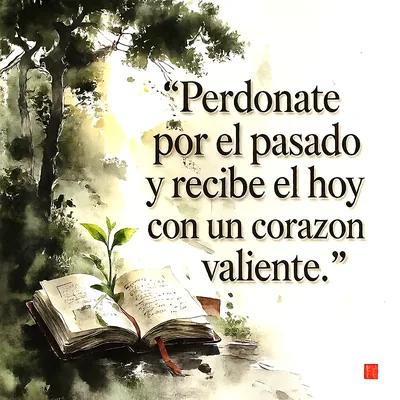Libro abierto con una pequeña planta verde brotando de sus paginas sobre un fondo de bosque en estilo acuarela, texto superpuesto que dice Perdonate por el pasado y recibe el hoy con un corazon valiente.