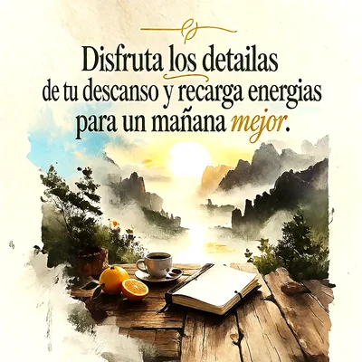 Paisaje de montaña al atardecer con colores cálidos, sobre mesa de madera hay café, una naranja y un cuaderno abierto, texto superpuesto dice Disfruta los detallas de tu descanso y recarga energias para un mañana mejor.